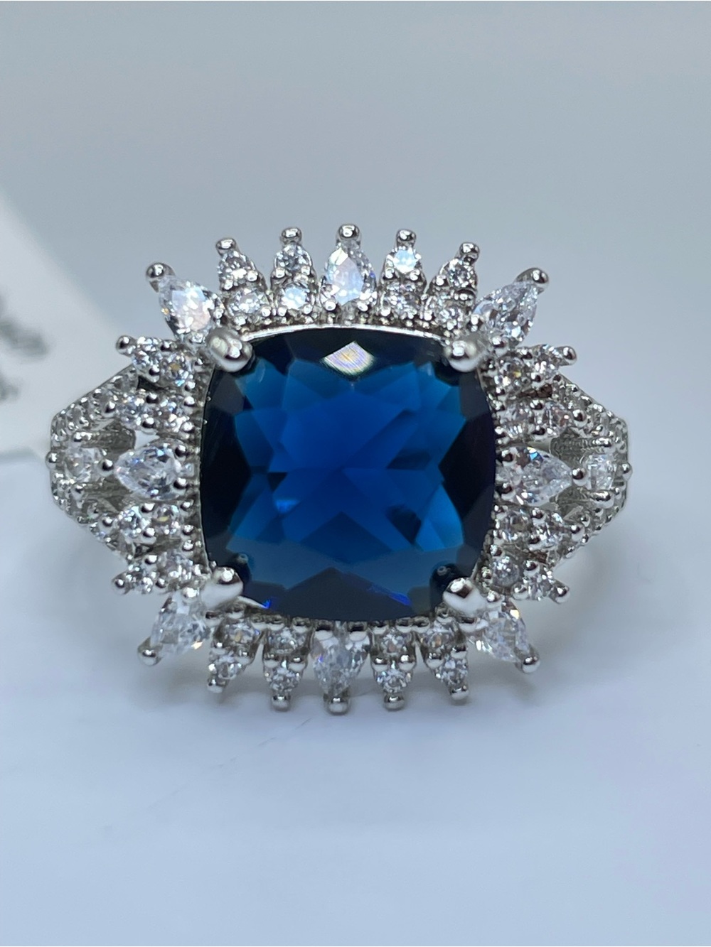 Swarovski Crystal Elements Sapphire Blue Cushion Cut Crystal Halo Ring Sz 9